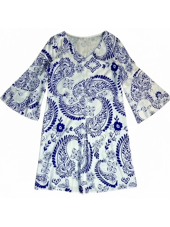 None Dresses & Skirts - A-Line Bell Sleeves Dress Blue & White Size Small Lightweight Summer Dress